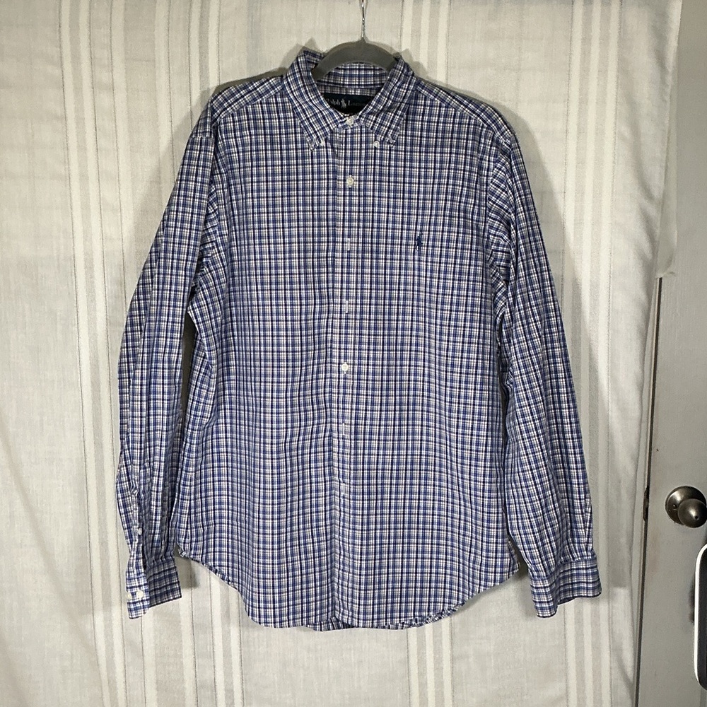 Ralph Lauren Button Down Shirt Blue White Plaid Oxford Classic Pony Logo Size 16